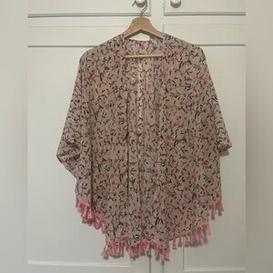 Sheer Floral Boho Kimono Cardigan Pink Tassel Trim Open Front Size Large L